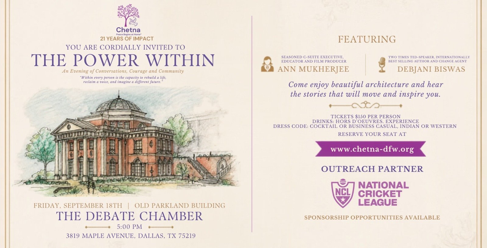 The Power Within - Chetna Gala Poster - Friday September 18th, Old Parkland Building, Dallas TX